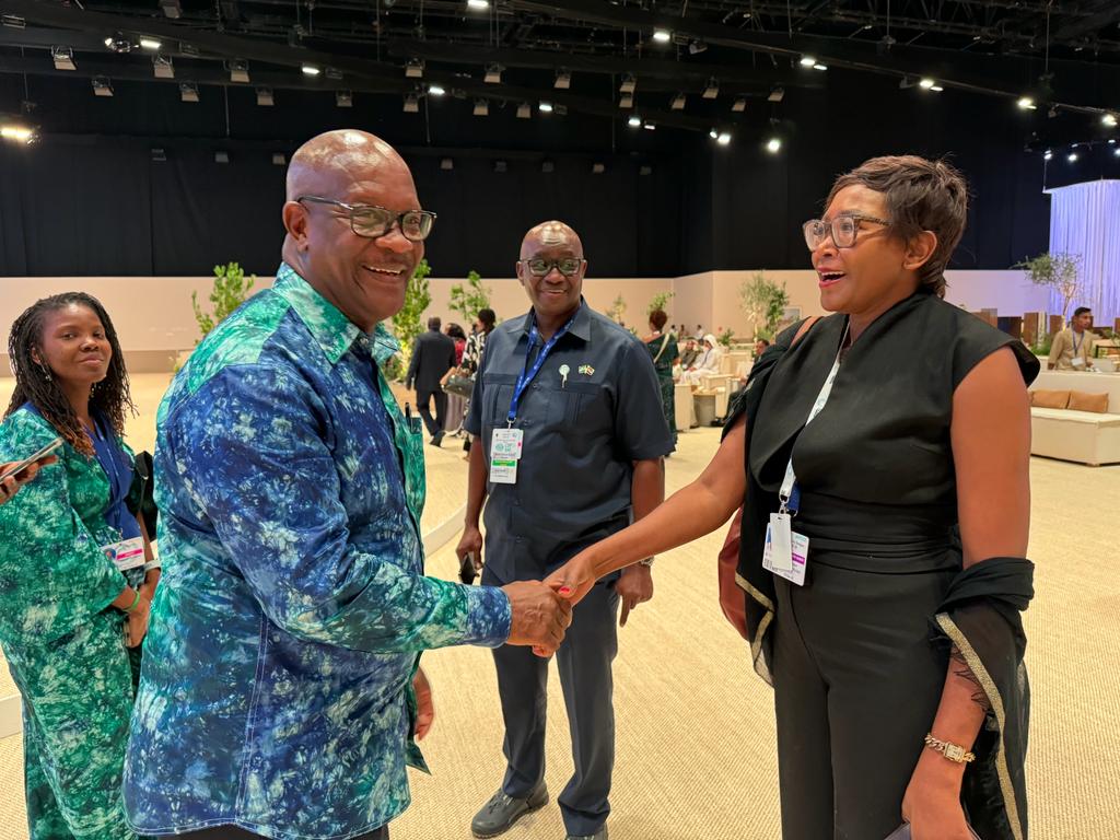 Ministor of health: Professor Mutapi congratulates the Sierra Leone Minister of Health after his country publicly committed some of its domestic budget to NTD control at COP28. Professor Mutapi worked with Siera Leone's Chief Minister Dr. David Sengeh to get the government of Sierra Leone to commit some domestic funds to NTD control in the country.