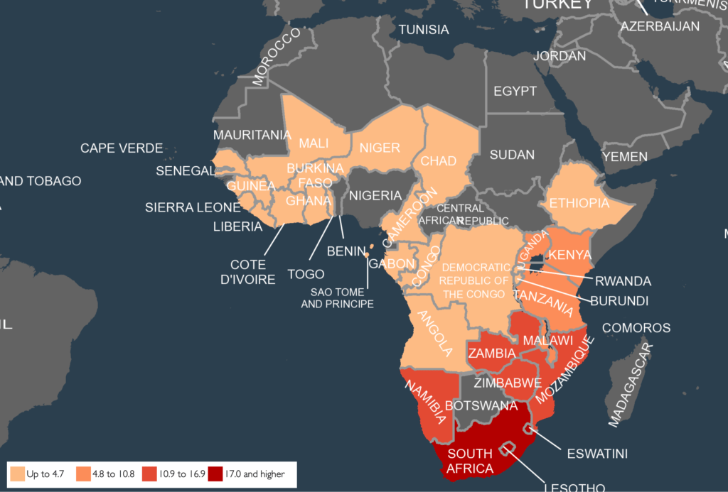 Figure 1: Percentage of adult women who are HIV positive. Source: Demographic health survey for the Eastern, Western, Central and Southern region of Africa