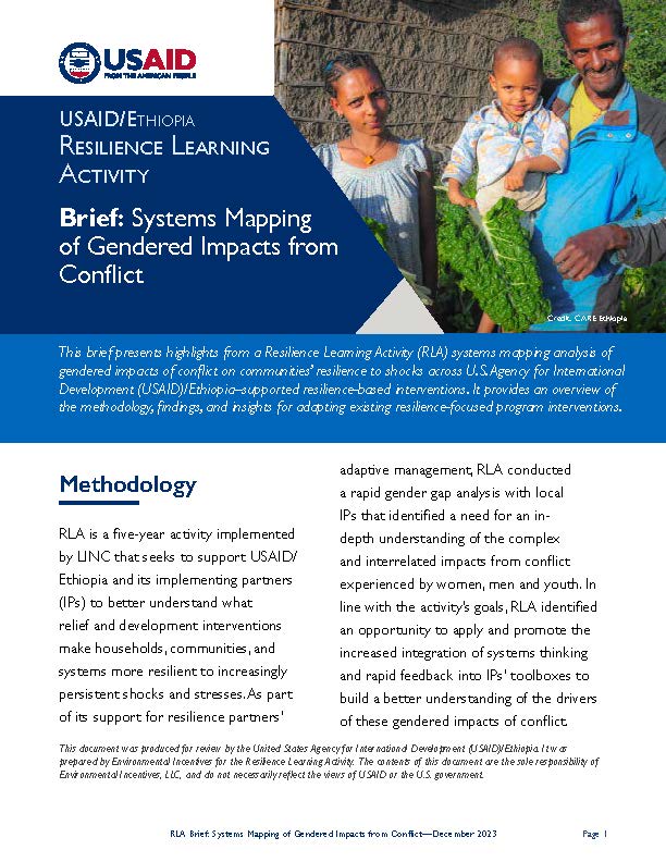 Learning Brief: Systems Mapping of Gendered Impacts from Conflict - shares highlights from a RLA systems mapping analysis of gendered impacts of conflict on communities’ resilience to shocks across USAID/Ethiopia-supported resilience-based interventions.