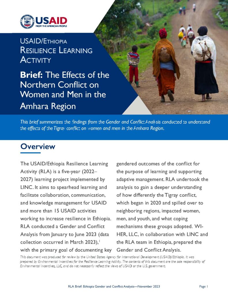 Learning Brief: The Effects of the Northern Conflict on Women and Men in the Amhara Region - summarizes the methodology, findings, and recommended actions from the Gender and Conflict Analysis.